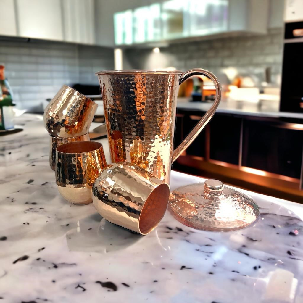 Set of One Copper Pitcher with Top and Four Tumblers - Hammered and Shiny Finish