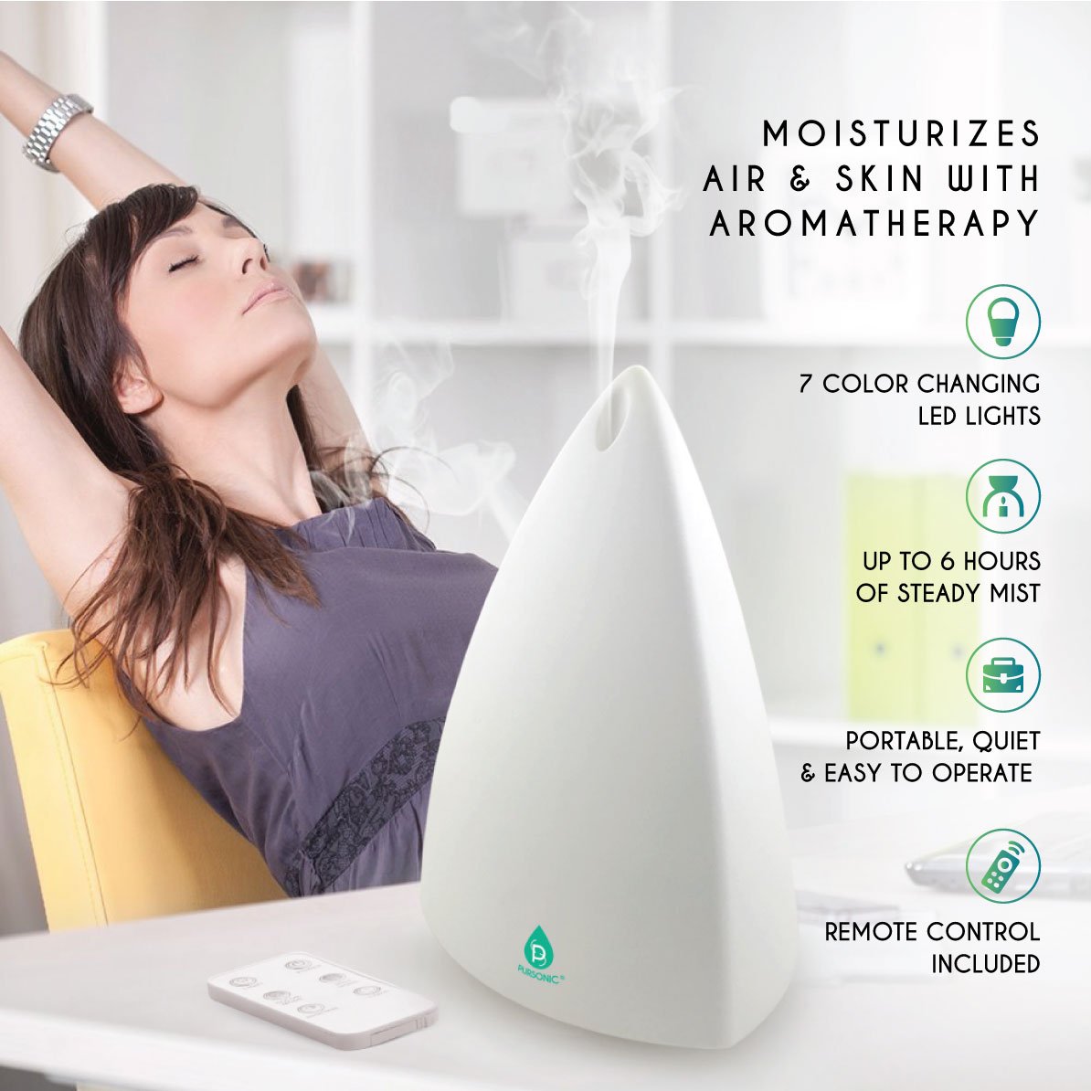 Pursonic Aromatherapy Ultrasonic Diffuser with Remote & Essential Oils Set