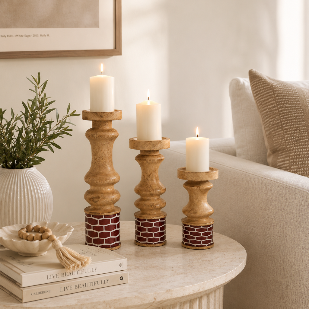 Gramercy Mango Wood Candleholders – Red (Set of 3)