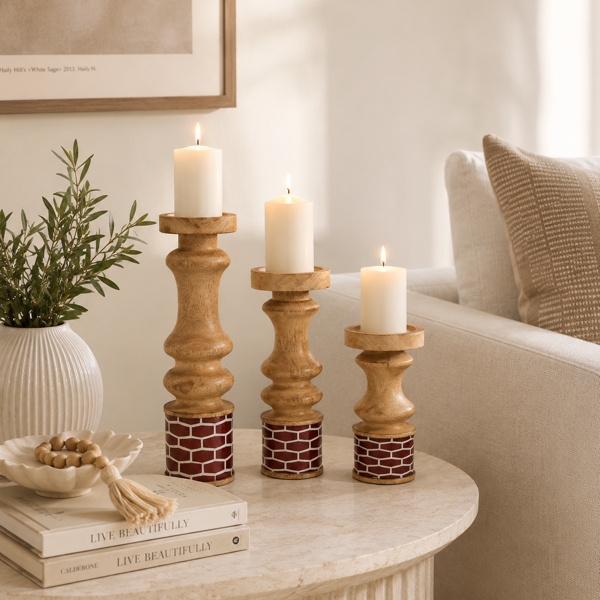Gramercy Mango Wood Candleholders – Red (Set of 3)