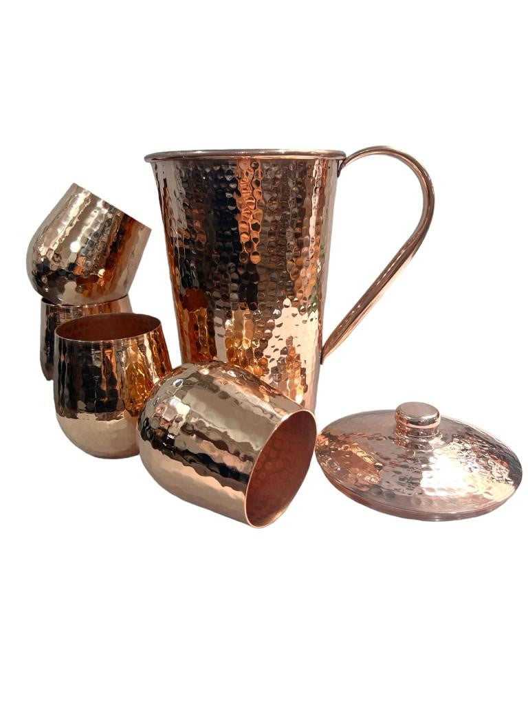 Set of One Copper Pitcher with Top and Four Tumblers - Hammered and Shiny Finish