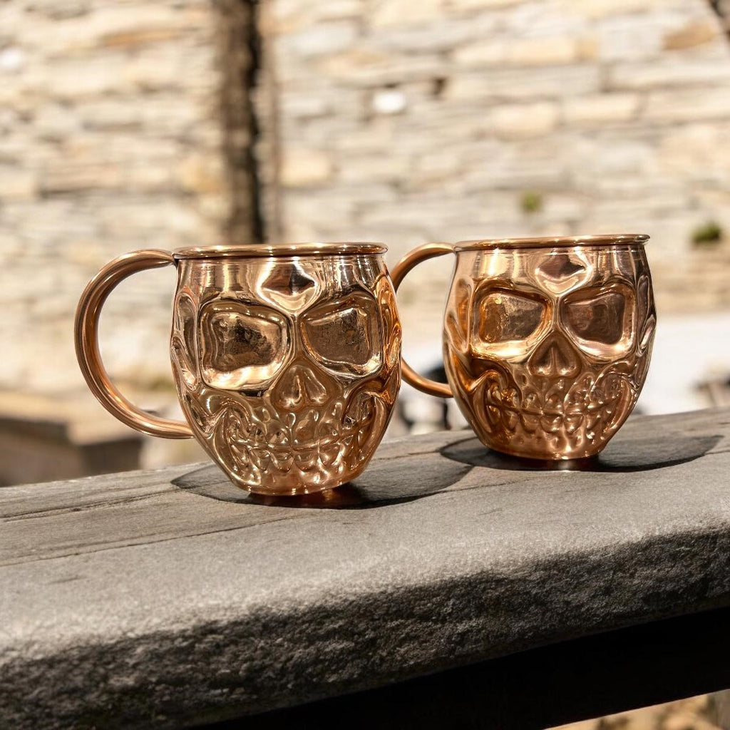 Set of Two Copper Skull (Day of the Dead) Shaped Mugs - Plain and Shiny Finish