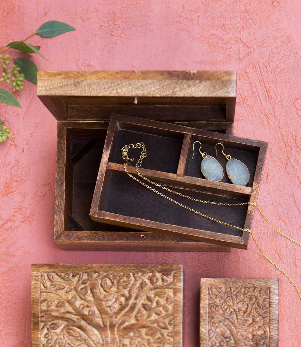 Aranyani Tree of Life Jewelry Box with Tray (Hand Carved Wood)
