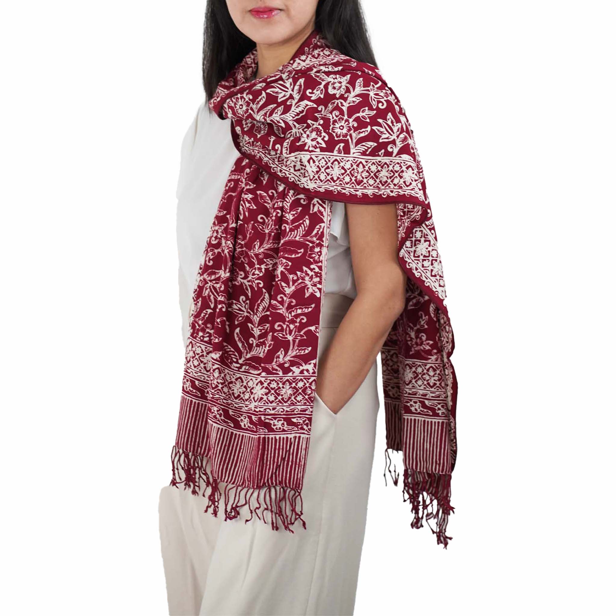 Handmade Batik Scarf - Red, White & Burgundy