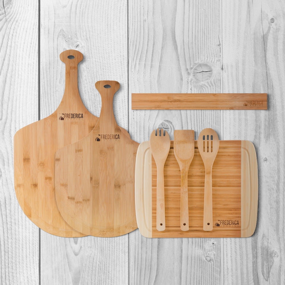 Bamboo Kitchen Collection Bundle - Two Pizza Peels, Cutting Board & Knife Strip