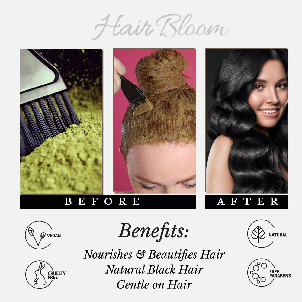 Hair Bloom Natural Jet Black Indigo Powder & Himalayan Herb Mix with Reusable Brush & Tray (12 Individual Sachets - 10gm each)