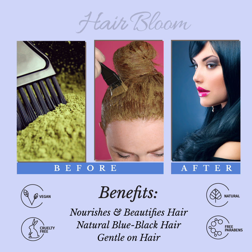 Hair Bloom Natural Blue-Black/Indigo | Daisy & Gooseberry Hair Color Powder with Reusable Brush & Tray (12 individual sachets 10gm each)