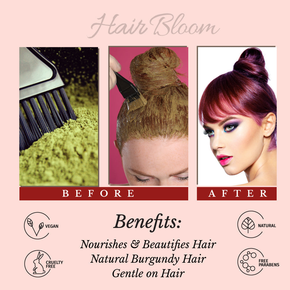 Hair Bloom Natural Herbal Henna Burgundy Hair Color Powder with Reusable Brush & Tray (12 Individual Sachets - 10gm each)