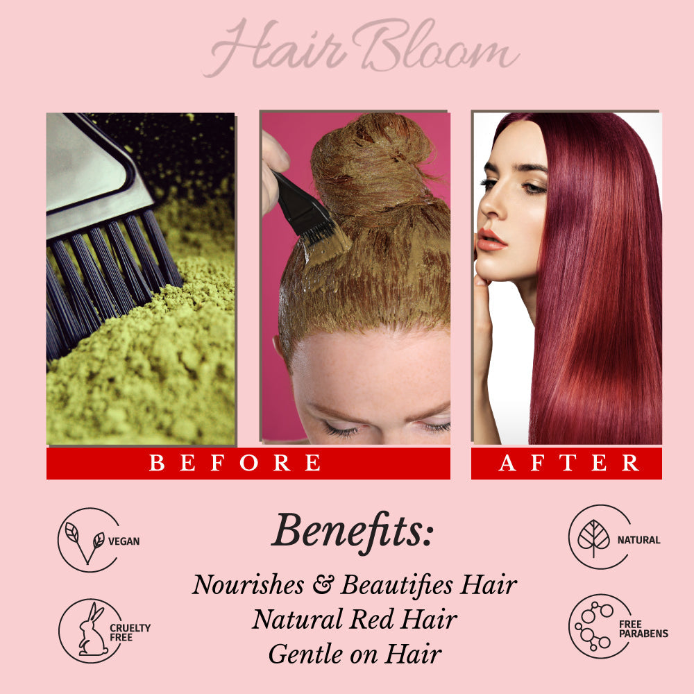 Hair Bloom Natural Red Hair Color Henna & Mix Himalayan Herb Powder with Reusable Brush & Tray (12 Individual Sachets - 10gm each)