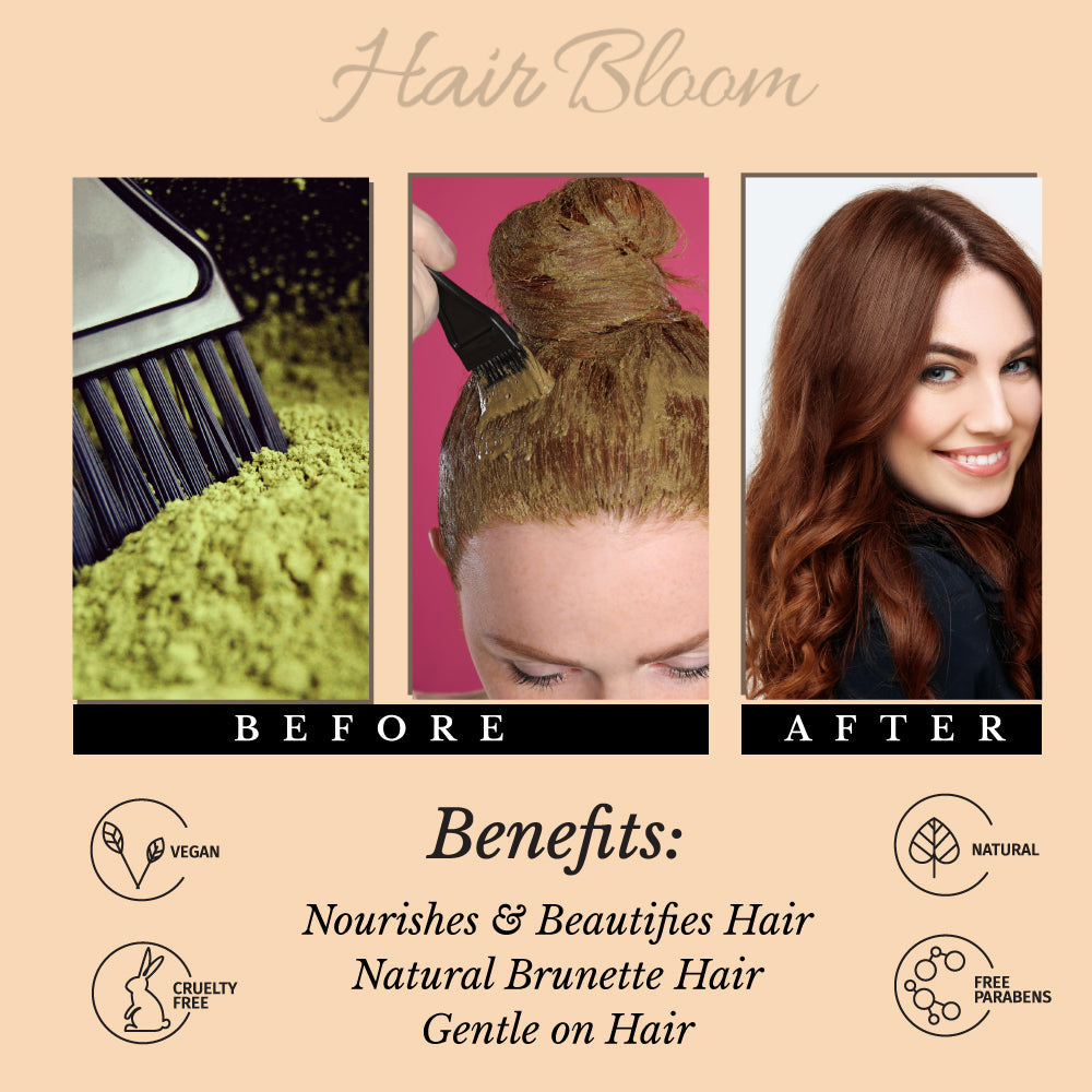 Hair Bloom Natural Brunette | Henna & Indigo Mix Hair Color Powder with Reusable Brush & Tray (12 individual sachets - 10gm each)