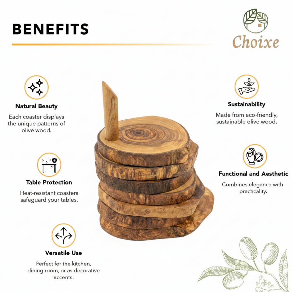 Olive Wood Coaster Set with Holder (7 Pcs)