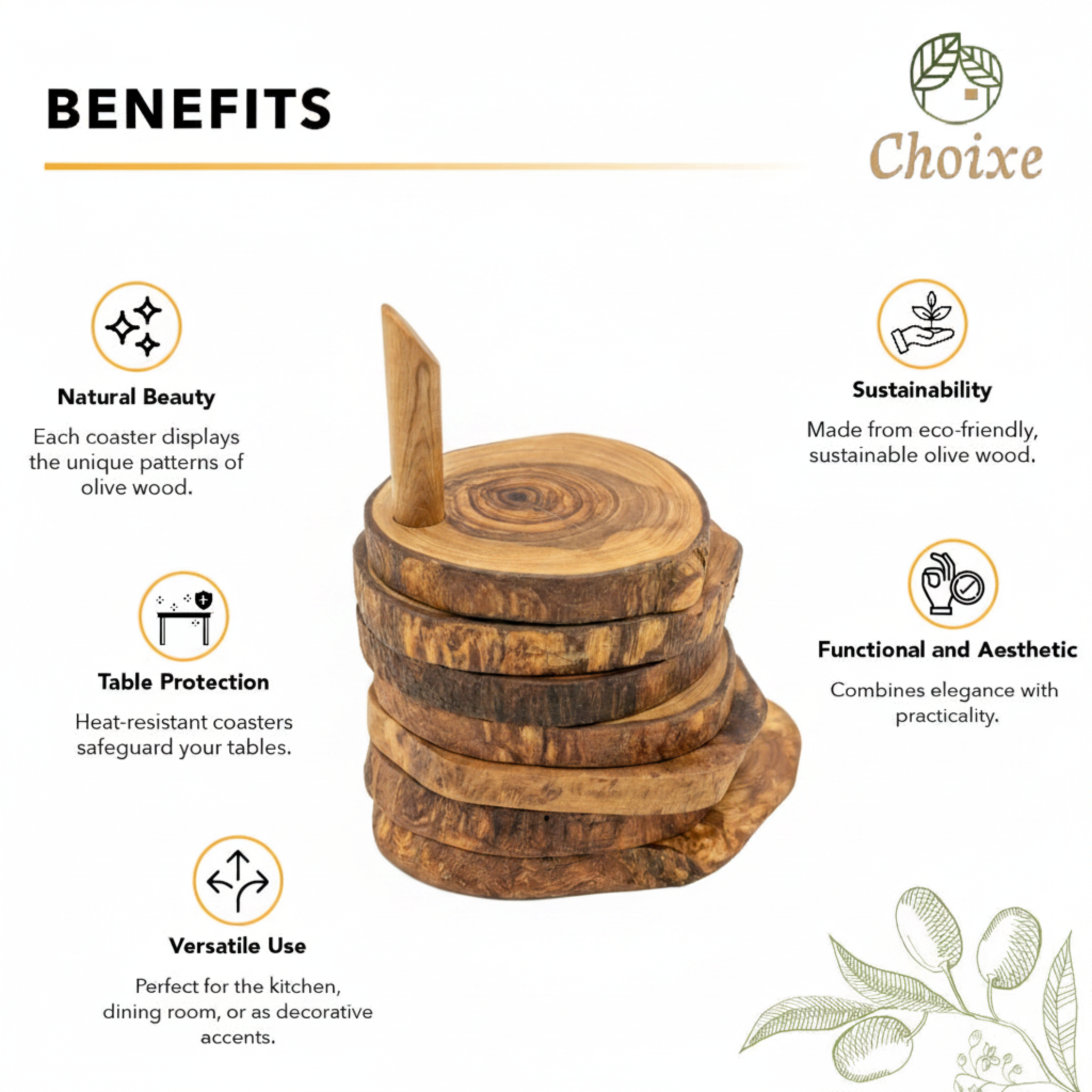 Olive Wood Coaster Set with Holder (7 Pcs)