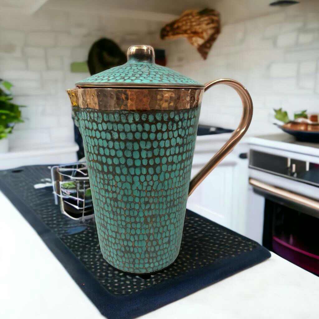Set of One Copper Pitcher with Top and Two Tumblers - Hammered and Turquoise Patina