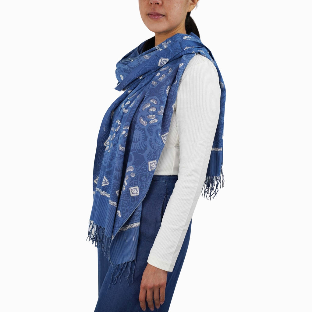 Hand Dyed Batik Scarf - Blue Roses, White & Floral Flower
