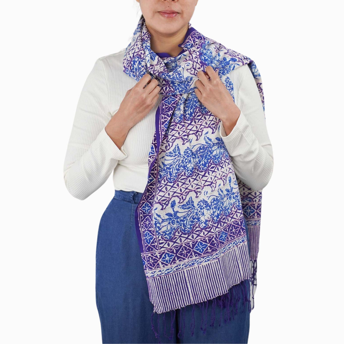 Handmade Batik Scarf - Vines in Navy Blue