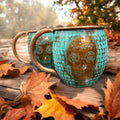 Set of Two Copper Barrel Mugs with Chiselled Skull (Day of the Dead) - Hammered and Turquoise Patina