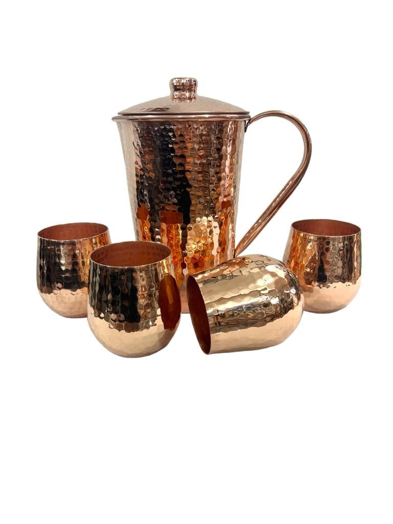 Set of One Copper Pitcher with Top and Four Tumblers - Hammered and Shiny Finish