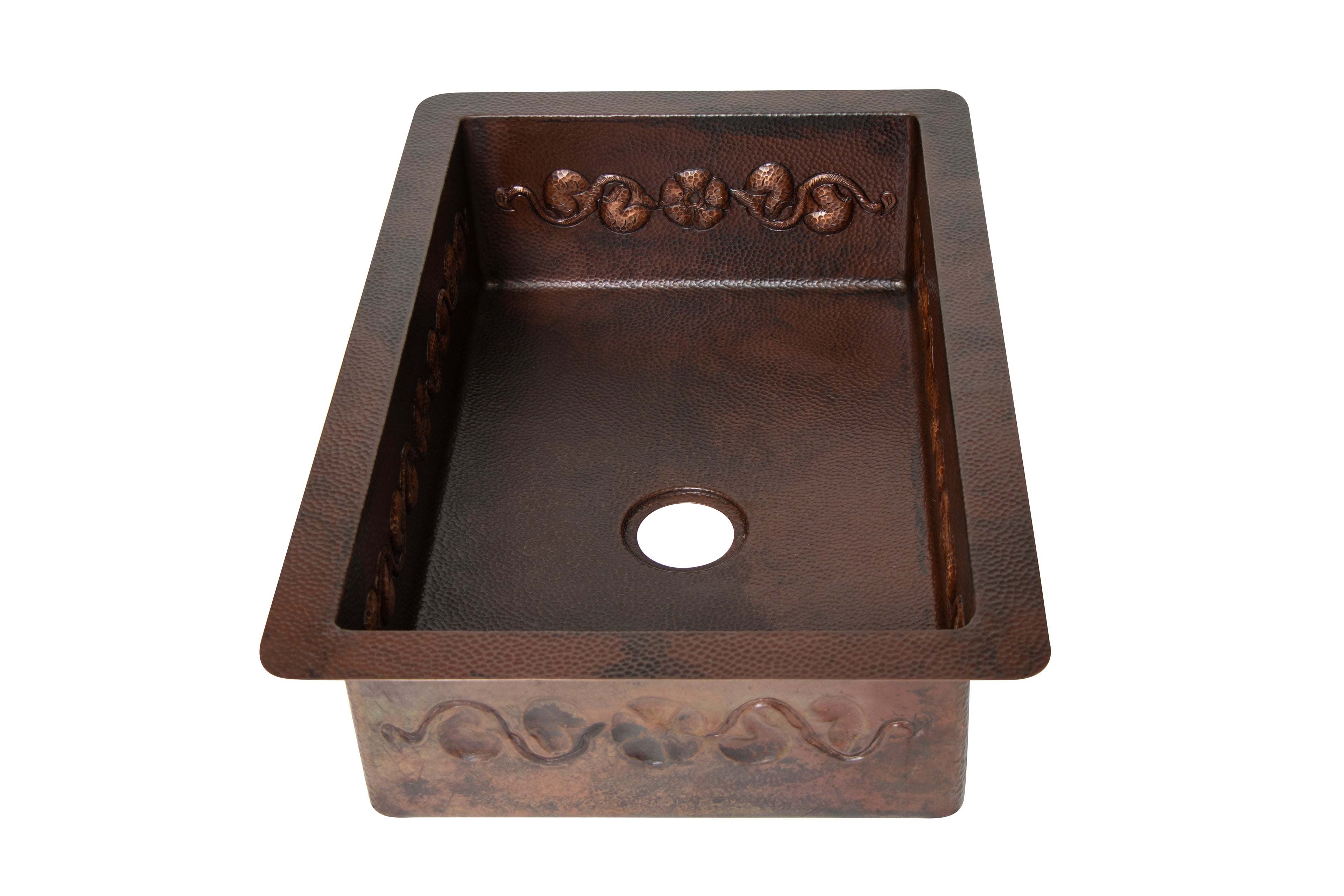 33" Drop-in Single Well Floral Design Hammered Copper Kitchen Sink