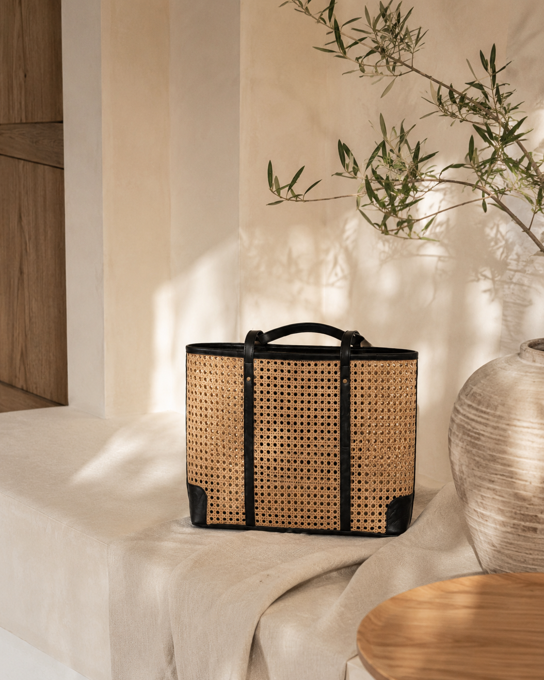 Dian Leather & Rattan Tote Bag