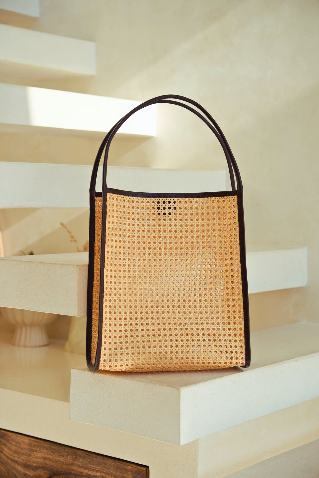 Viviana Oversized Cane & Leather Tote - Dark Brown