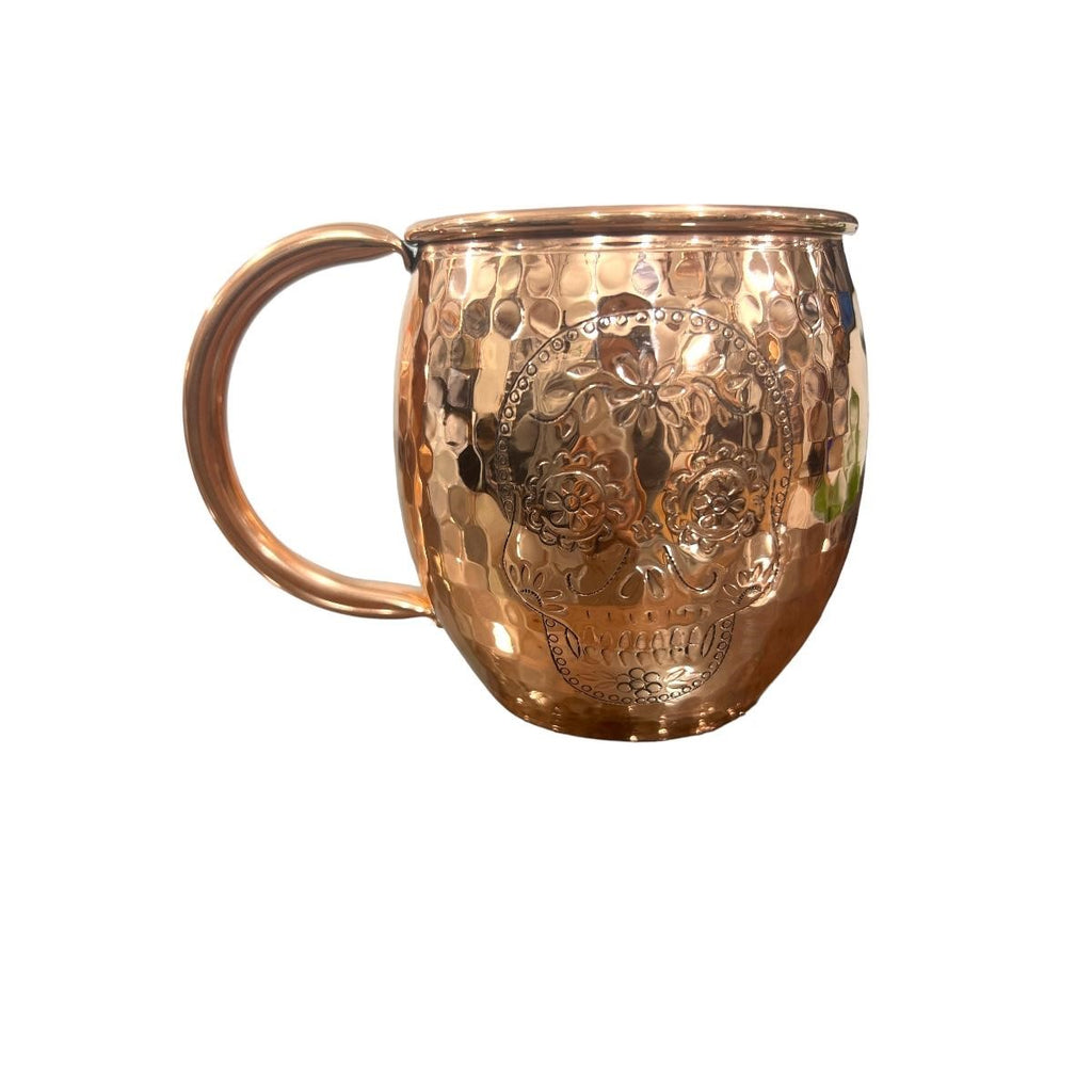 Set of Two Copper Barrel Mugs with Chiselled Skull (Day of the Dead) - Hammered and Shiny Finish