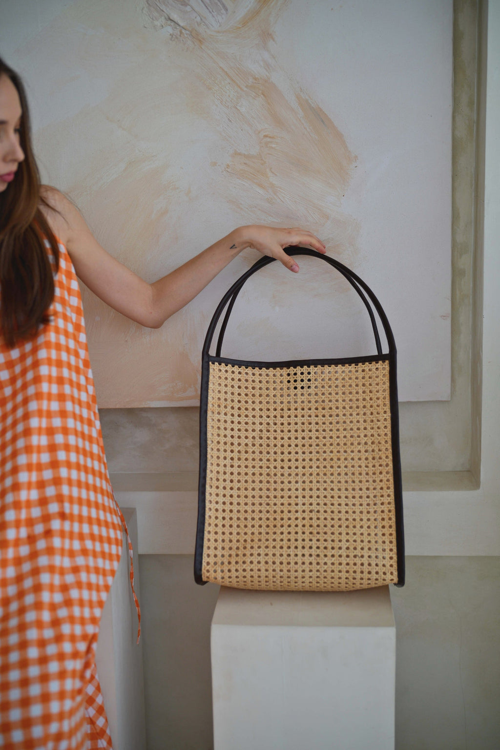 Viviana Oversized Cane & Leather Tote - Dark Brown