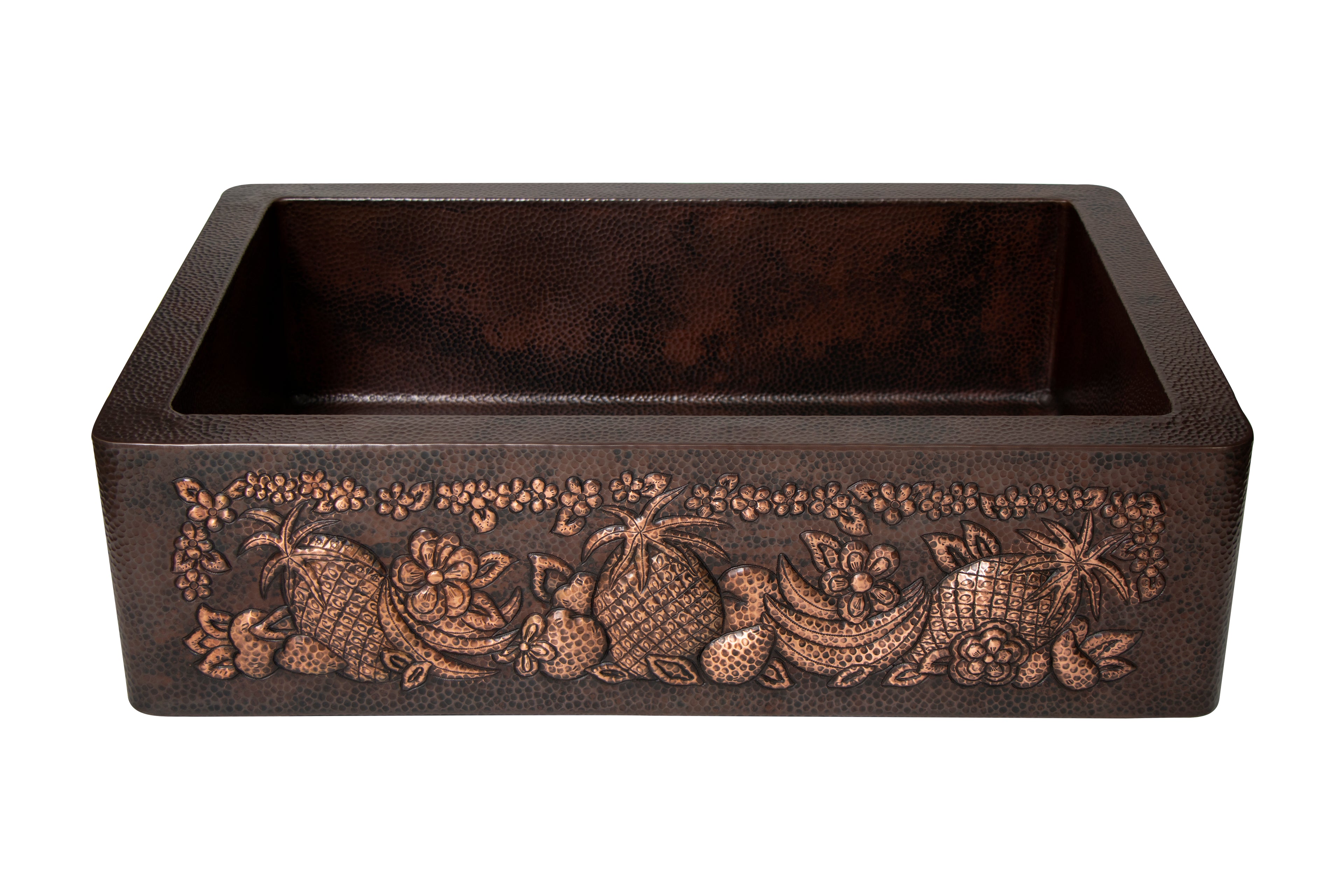 33" Farmhouse Single Well Fruits Design Straight Apron Hammered Copper Kitchen Sink