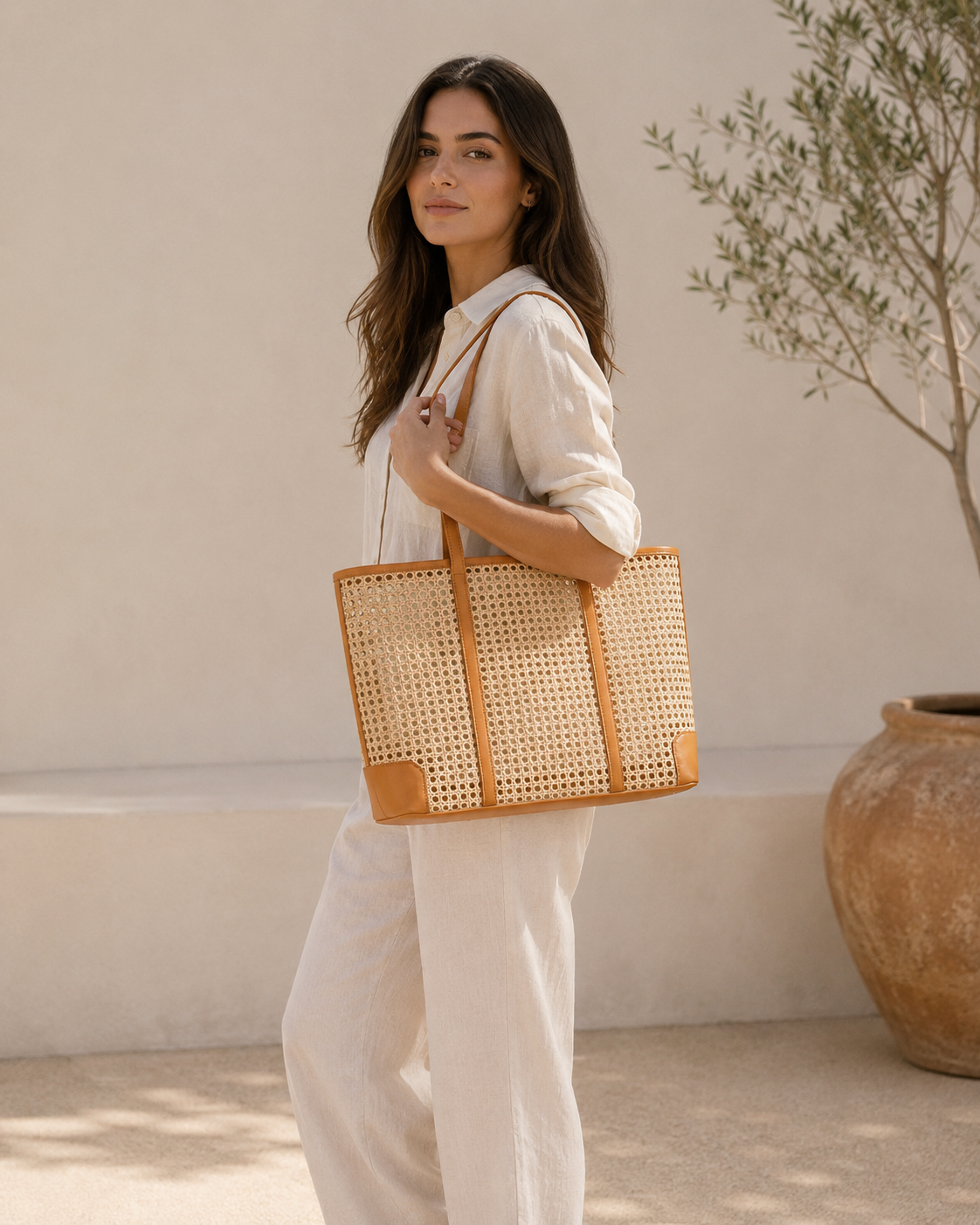 Dian Leather & Rattan Tote Bag