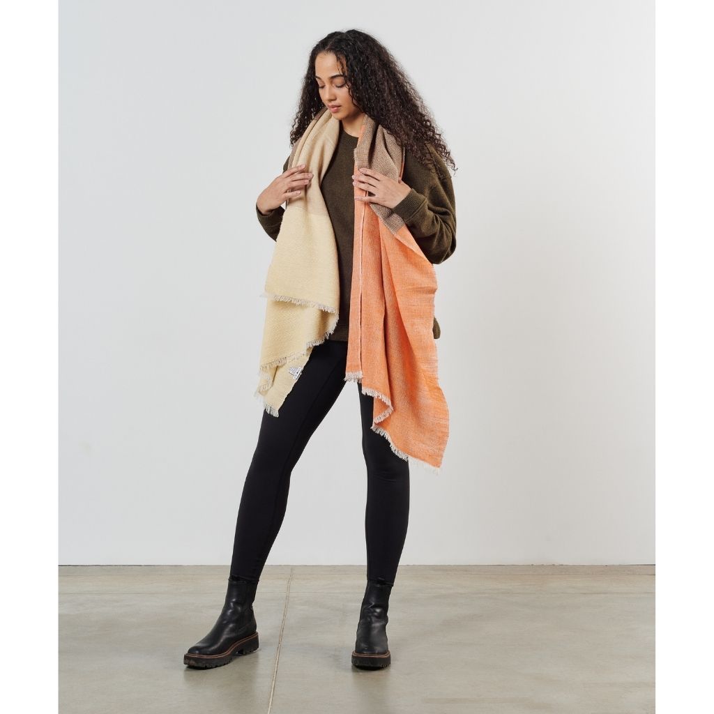 Chestnut Orange Cream Color Block Handwoven Merino Throw