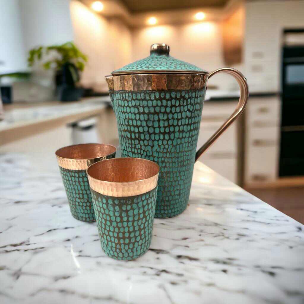 Set of One Copper Pitcher with Top and Two Tumblers - Hammered and Turquoise Patina