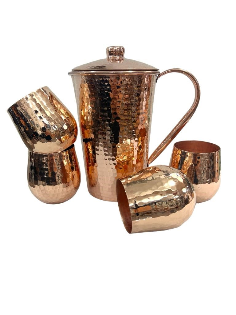 Set of One Copper Pitcher with Top and Four Tumblers - Hammered and Shiny Finish