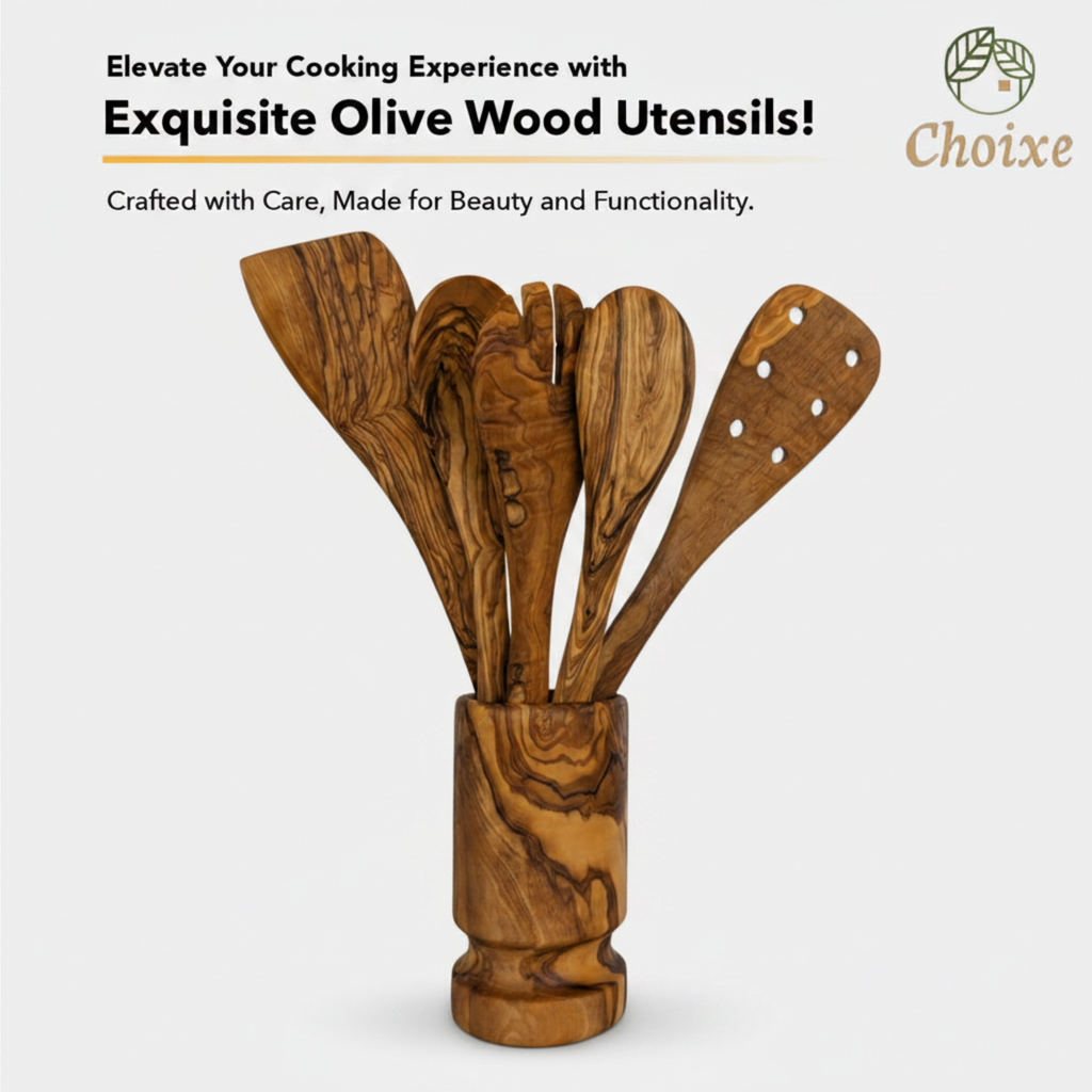 Olive Wood Kitchen Servers Set with Holder (6 Pcs)