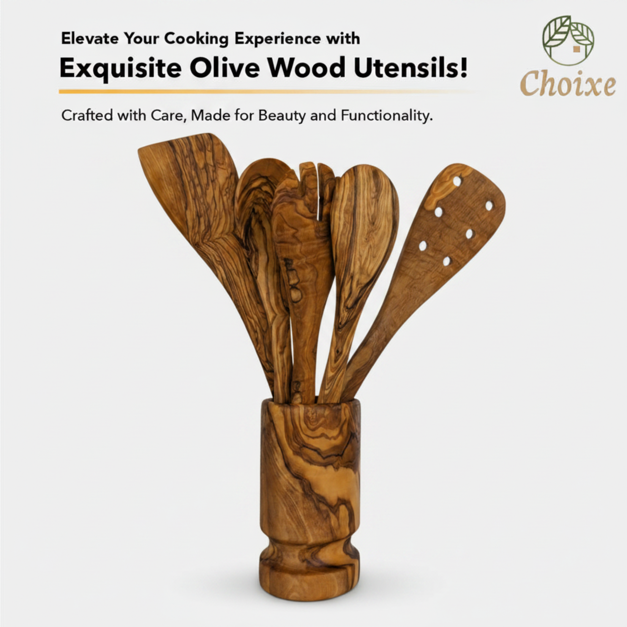 Olive Wood Kitchen Servers Set with Holder (6 Pcs)