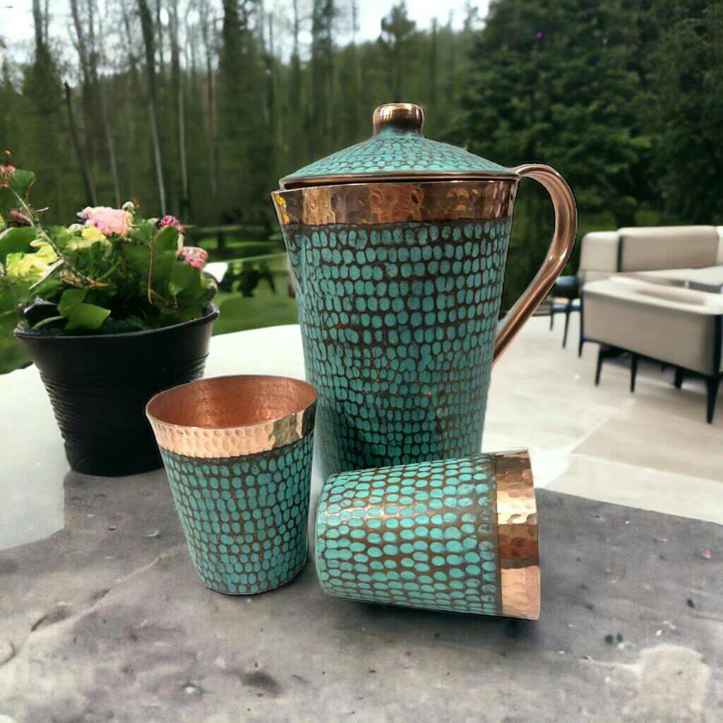 Set of One Copper Pitcher with Top and Two Tumblers - Hammered and Turquoise Patina