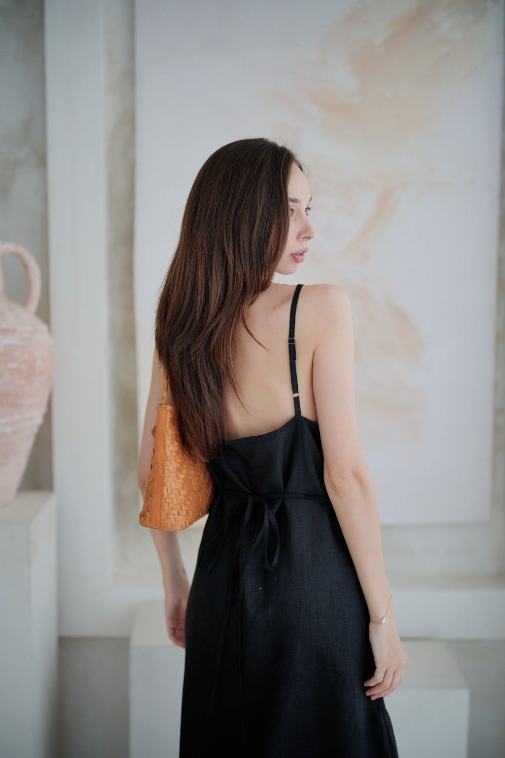 Anita Linen Wrap Front Midi Dress - Black