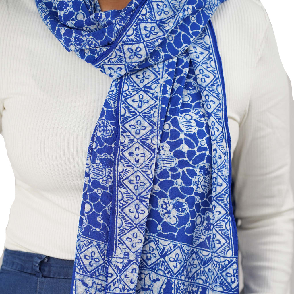 Handmade Batik Scarf - Boulder Blue, Light Blue & White