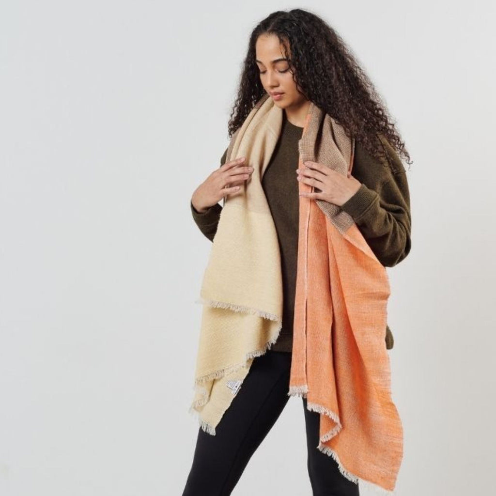 Chestnut Orange Cream Color Block Handwoven Merino Throw