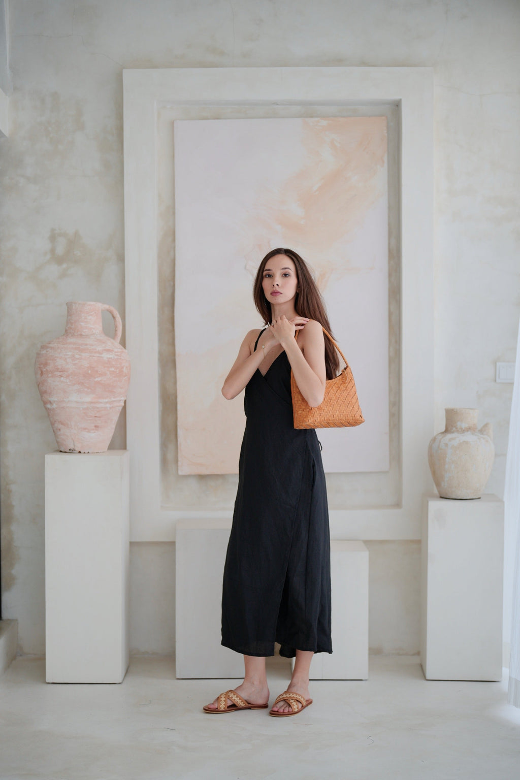 Anita Linen Wrap Front Midi Dress - Black