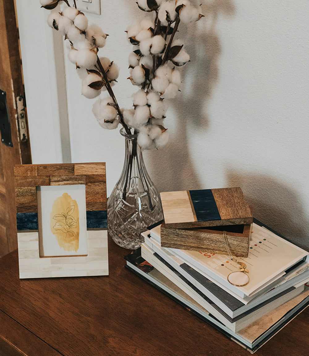 Kaveri Natural, Blue, Brown Picture Frame - Carved Bone & Wood (4x6)