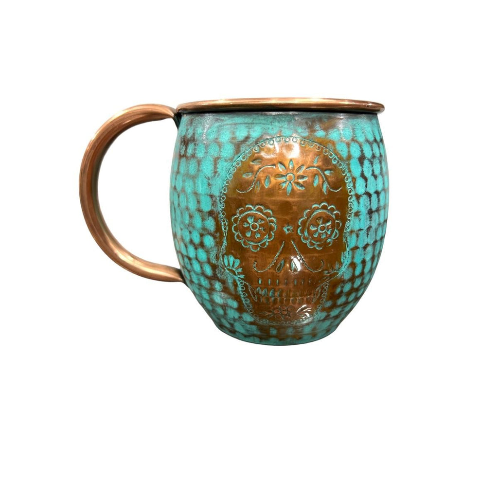 Set of Two Copper Barrel Mugs with Chiselled Skull (Day of the Dead) - Hammered and Turquoise Patina