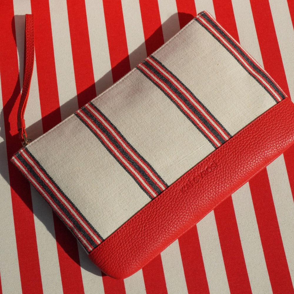 Red Calfskin & Handloomed Fabric Clutch