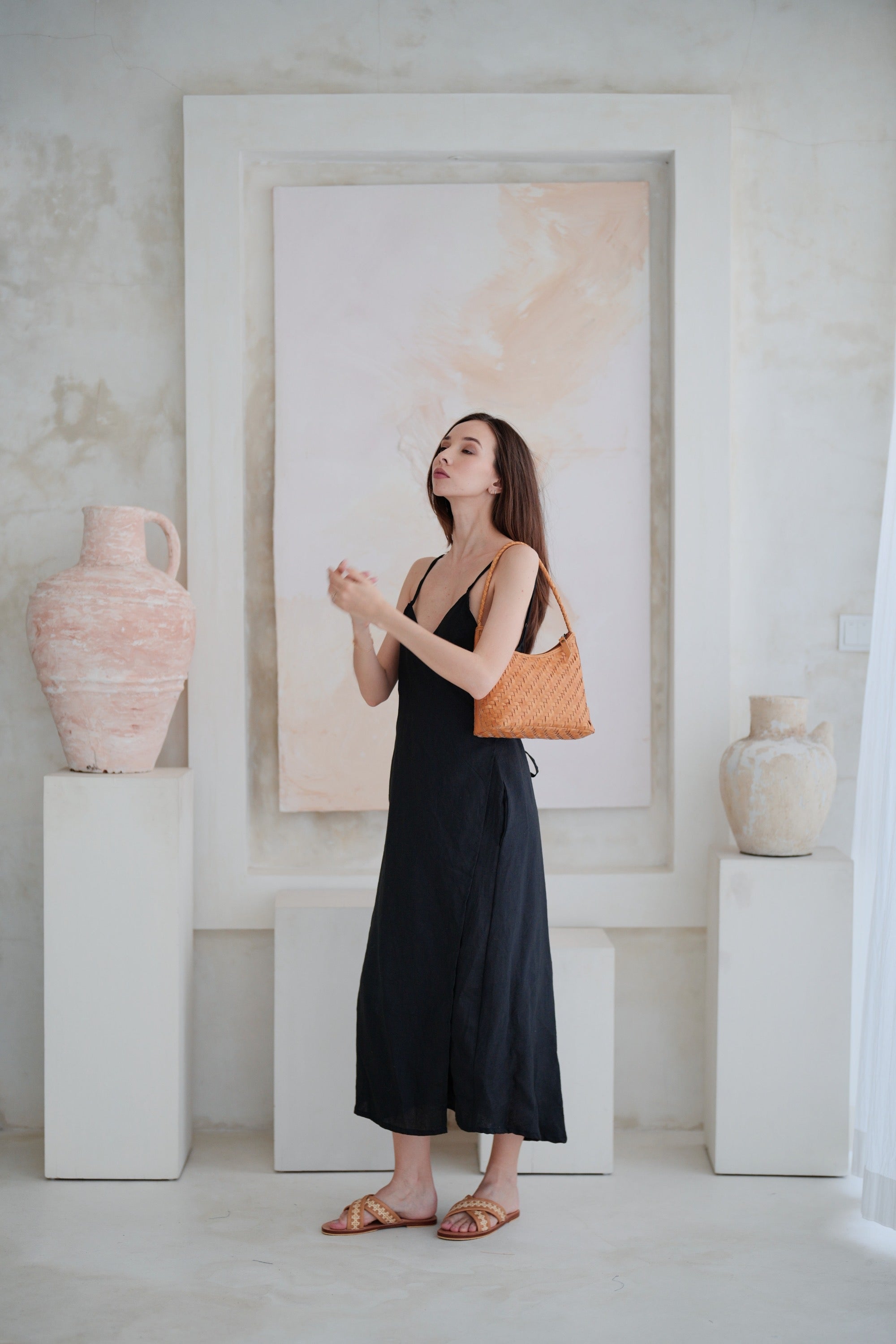 Anita Linen Wrap Front Midi Dress - Black