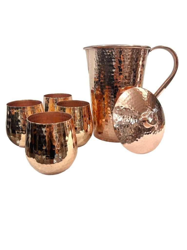 Set of One Copper Pitcher with Top and Four Tumblers - Hammered and Shiny Finish