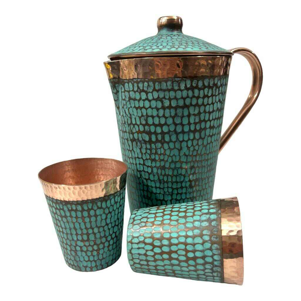 Set of One Copper Pitcher with Top and Two Tumblers - Hammered and Turquoise Patina