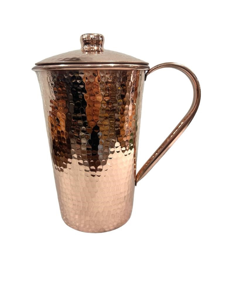 Set of One Copper Pitcher with Top and Four Tumblers - Hammered and Shiny Finish