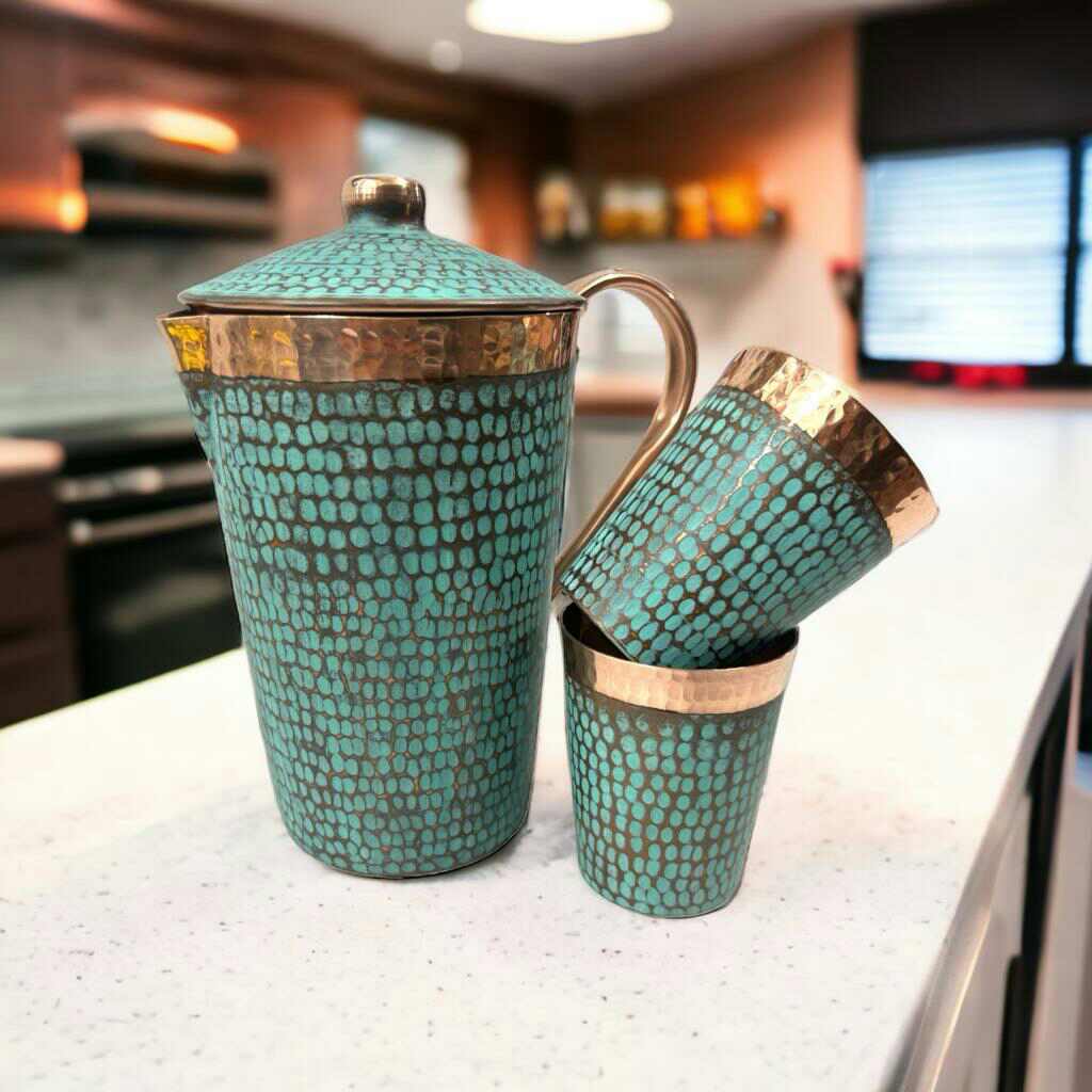 Set of One Copper Pitcher with Top and Two Tumblers - Hammered and Turquoise Patina