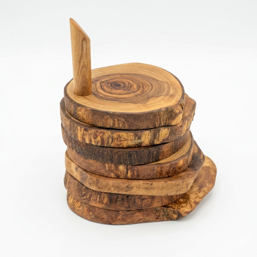 Olive Wood Coaster Set with Holder (7 Pcs)