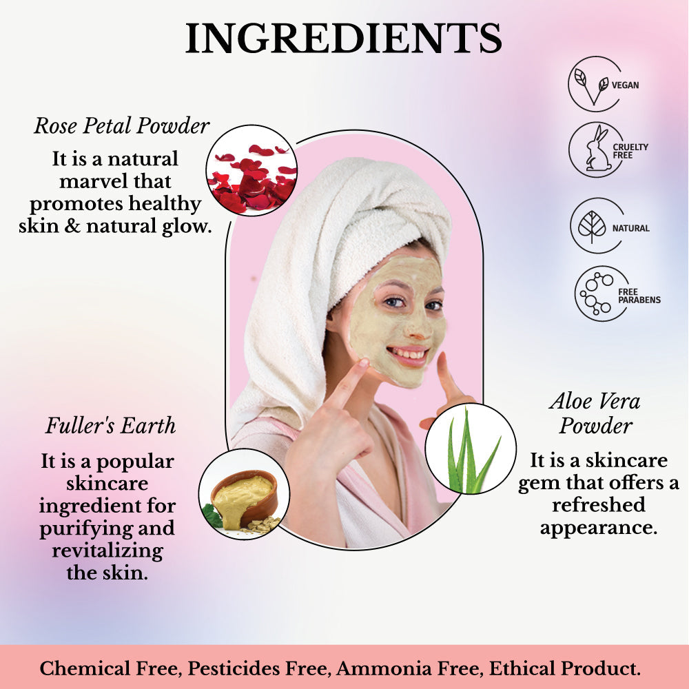 Face Glow Fuller’s Earth Rose & Aloe Vera with Reusable Brush & Tray (12 Individual Sachets of Multani Mitti - 10gm each)