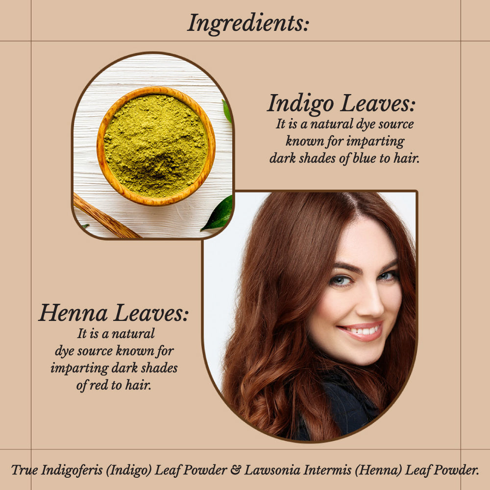 Hair Bloom Natural Brunette | Henna & Indigo Mix Hair Color Powder with Reusable Brush & Tray (12 individual sachets - 10gm each)