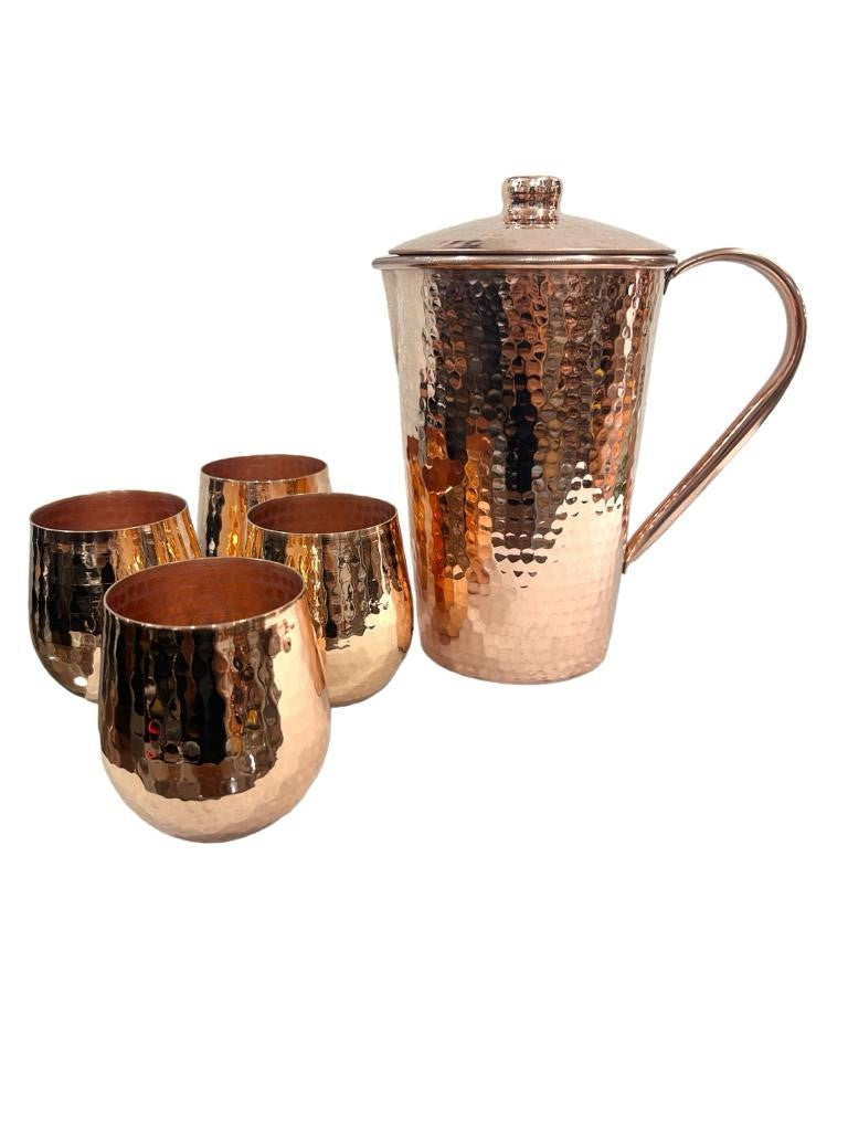 Set of One Copper Pitcher with Top and Four Tumblers - Hammered and Shiny Finish